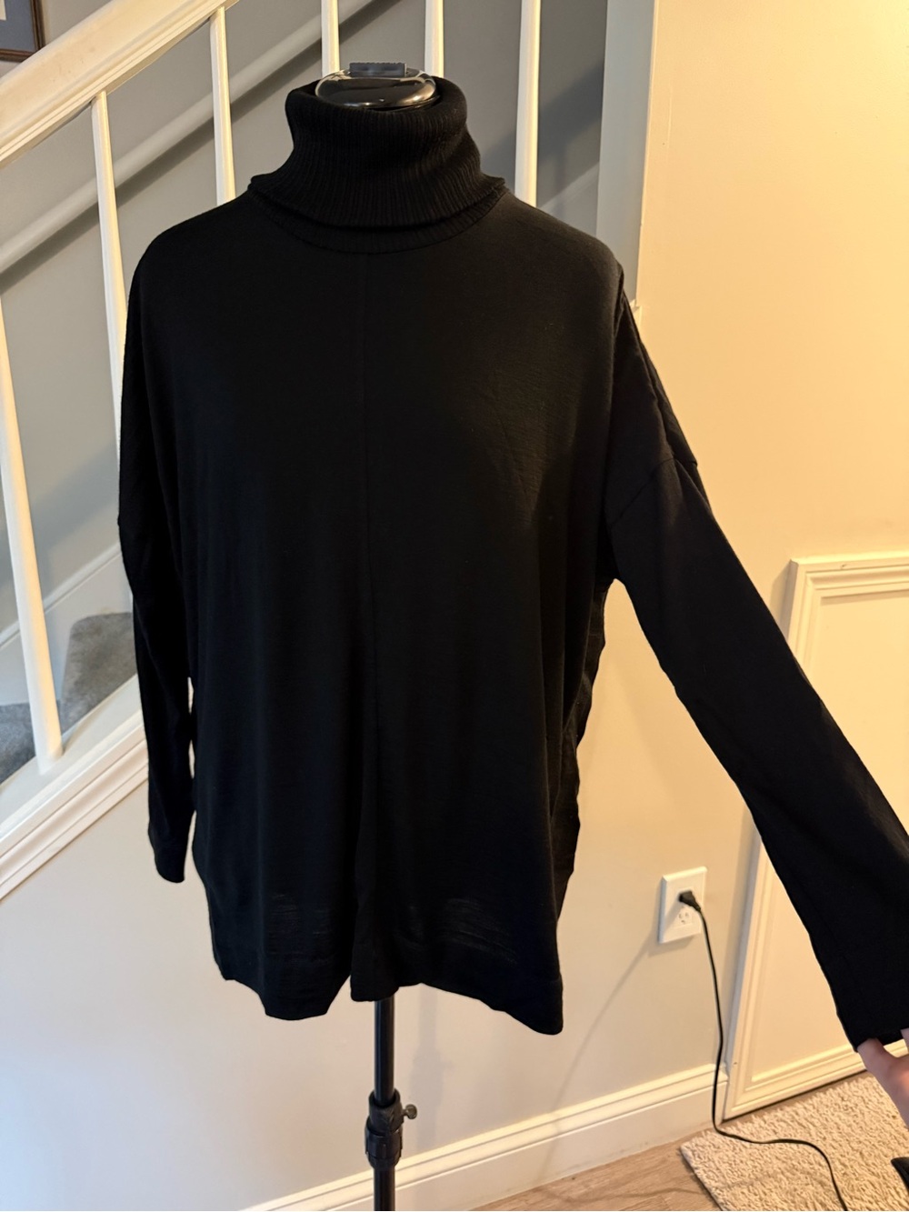 Black Merino Wool Turtleneck Sweater Split Sides Minimalist Layering Classic